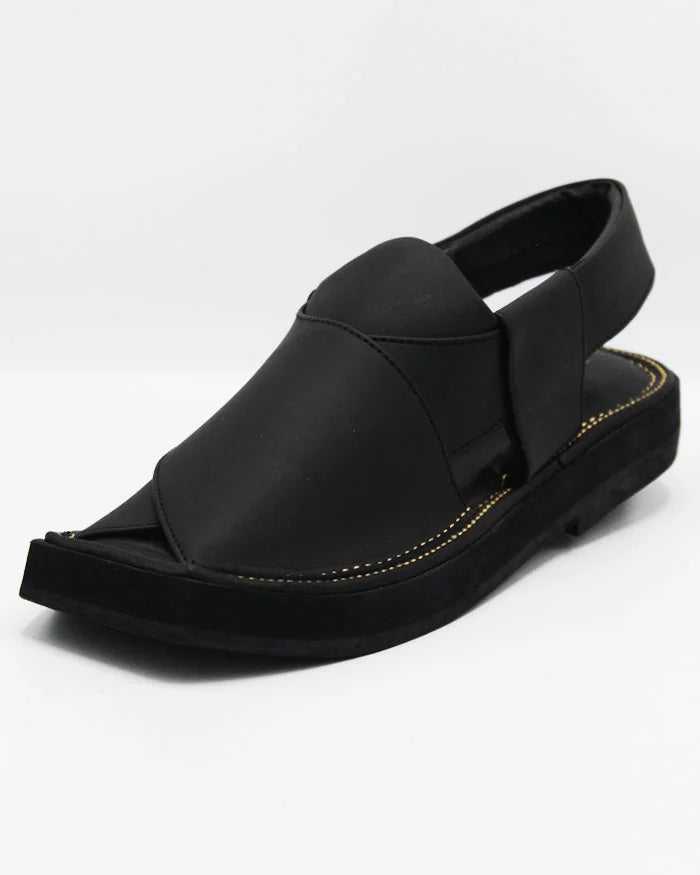 Black Leather Handmade Peshawari Charsadda Kaptaan Chappal