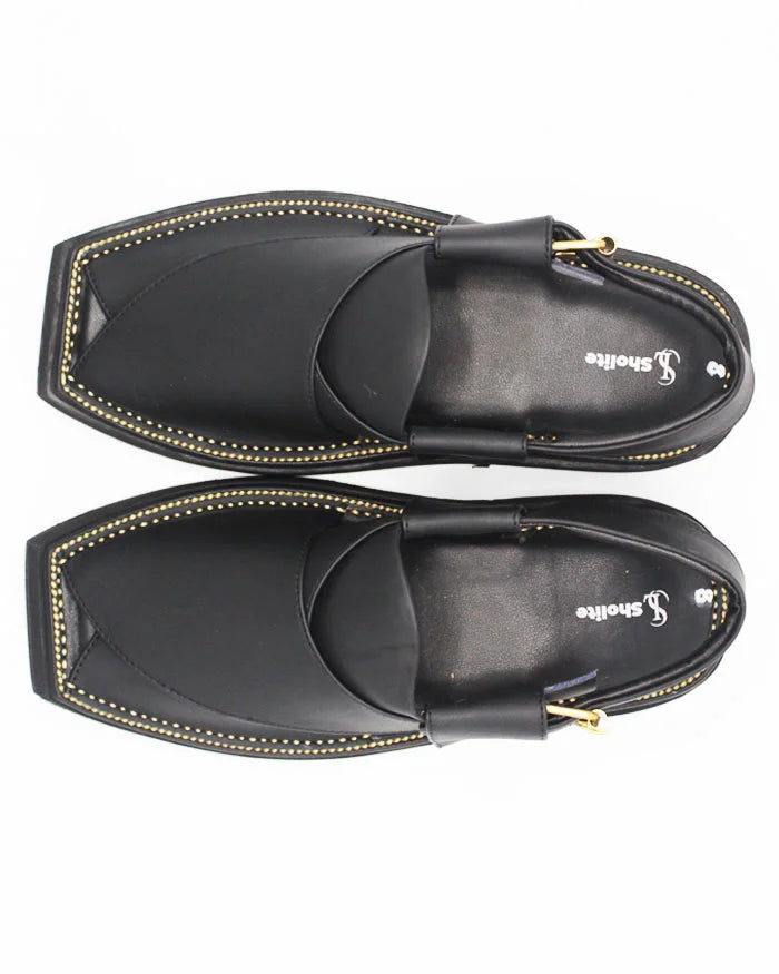 Black Leather Handmade Peshawari Charsadda Kaptaan Chappal