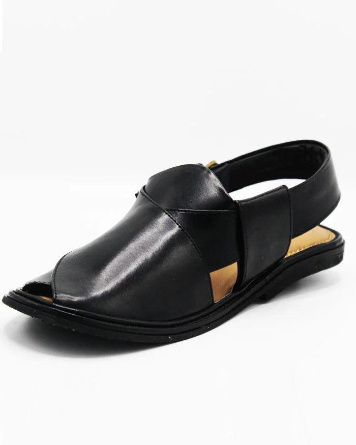 Luxury Round Shape Black Leather Peshawari Chappal for Men