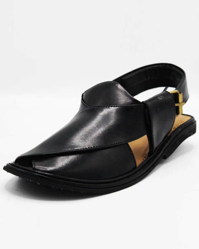 Luxury Round Shape Black Leather Peshawari Chappal for Men